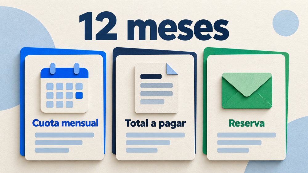 Ilustración de un crédito a 12 meses con cuota mensual, total a pagar y reserva