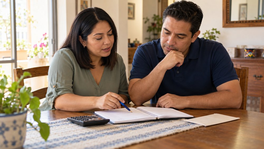 Pareja revisando su presupuesto familiar y planificando los pagos de un crédito