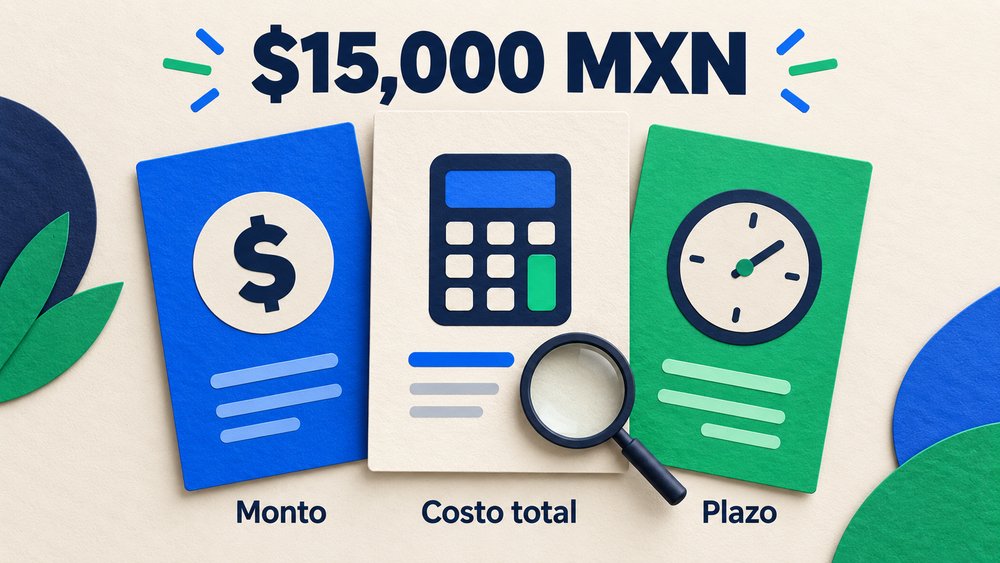 Ilustración de 15000 pesos para comparar monto, costo total y plazo