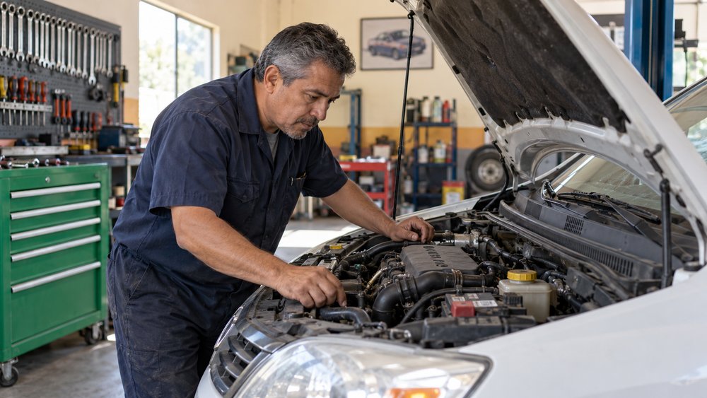 Mecánico revisando un automóvil utilizado como herramienta de trabajo