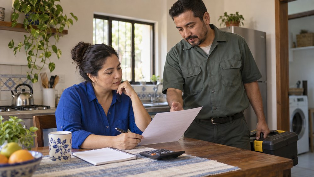 Mujer revisando el presupuesto de una reparación doméstica con un técnico