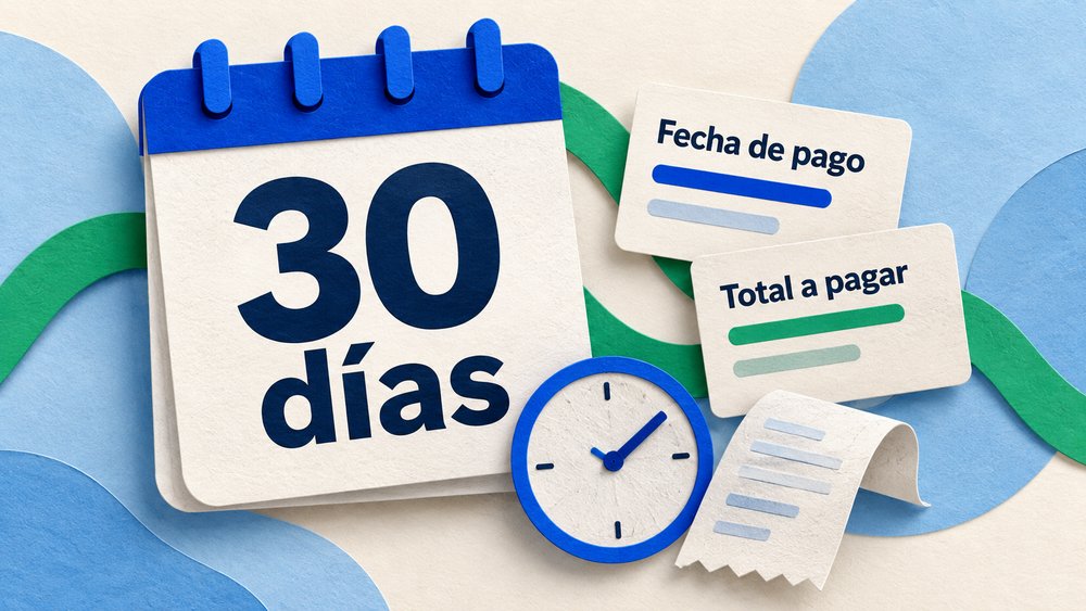 Ilustración de papel con un calendario de 30 días, fecha de pago y total a pagar