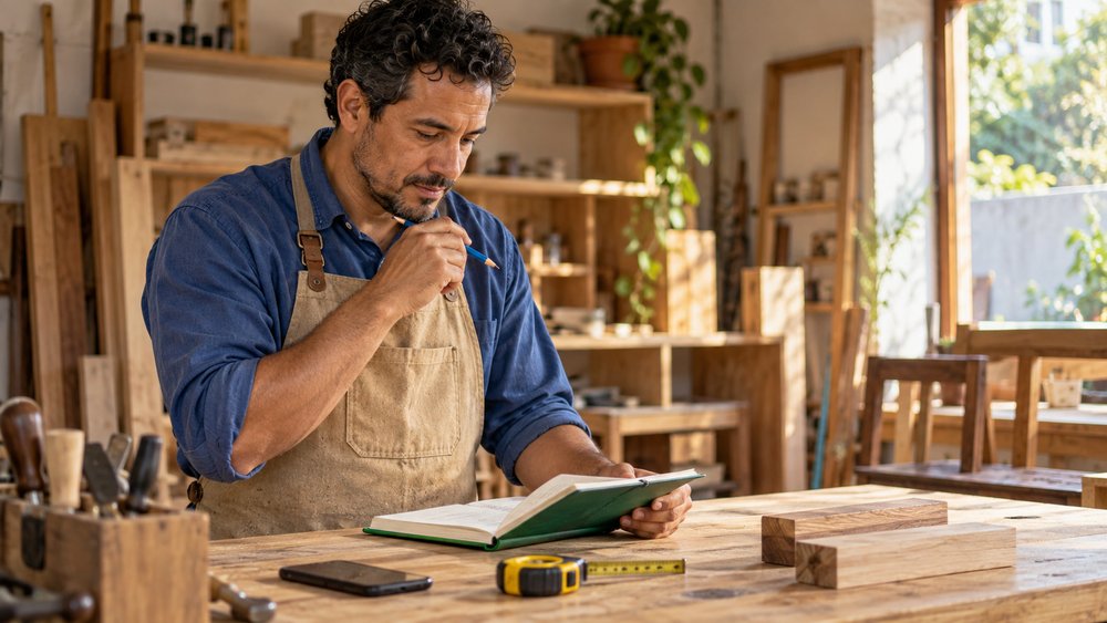 Trabajador independiente revisando la planificación de un proyecto en su taller