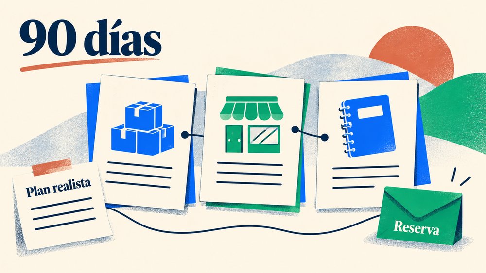 Ilustración de un plan de 90 días con inventario, negocio y reserva