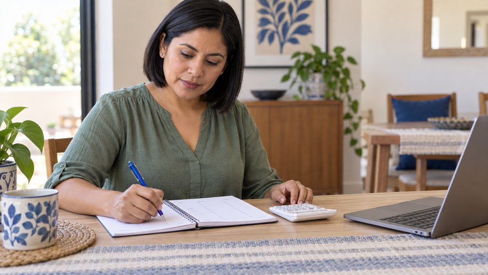 Mujer organizando el presupuesto familiar con una libreta y calculadora