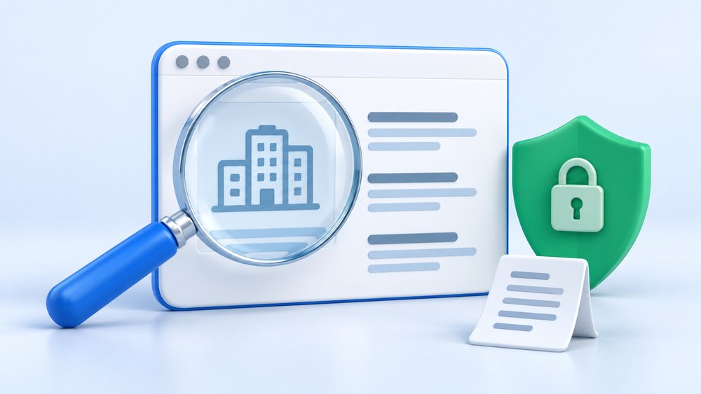 Ilustración de una lupa sobre un sitio web y un escudo para representar la revisión del proveedor y la protección de datos.