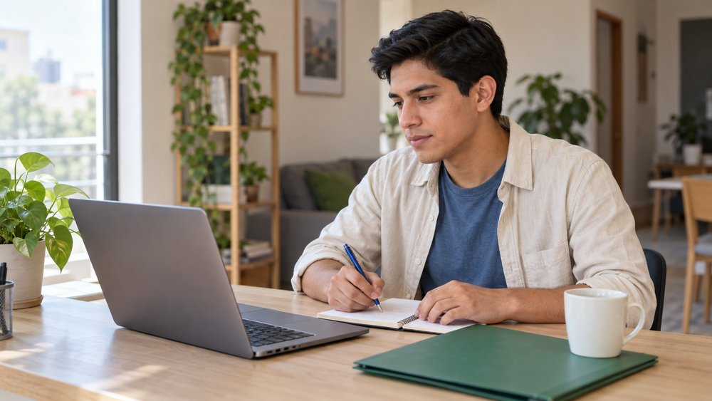 Joven adulto revisando opciones financieras y planificando su presupuesto