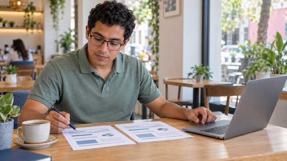 Hombre comparando opciones de préstamos con documentos y una computadora portátil