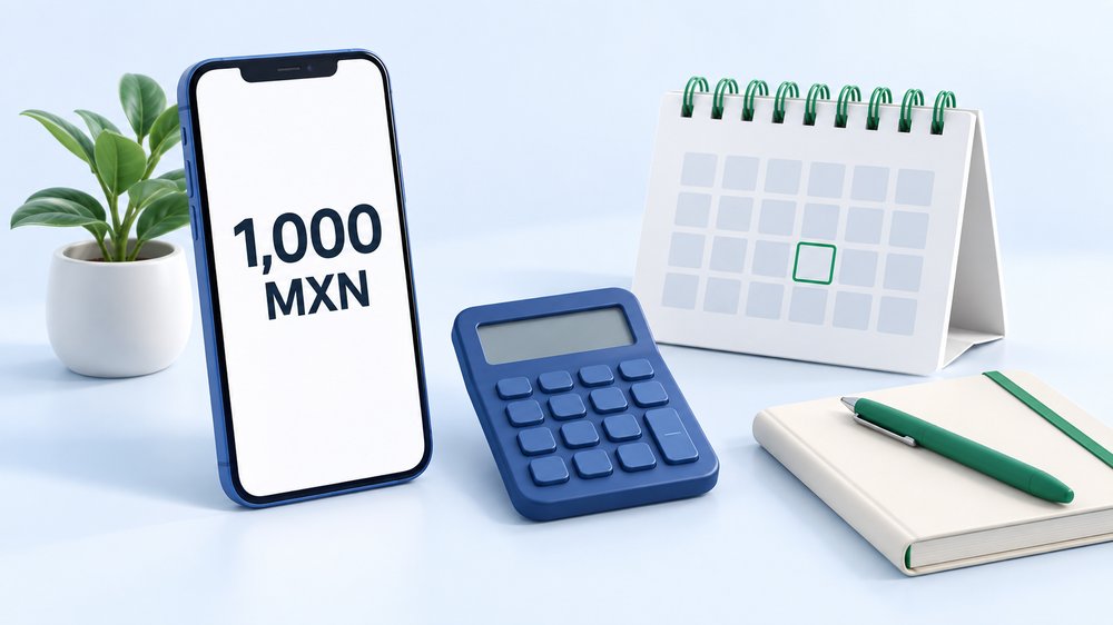 Ilustración de un celular con 1,000 MXN, una calculadora y un calendario para planificar el pago.
