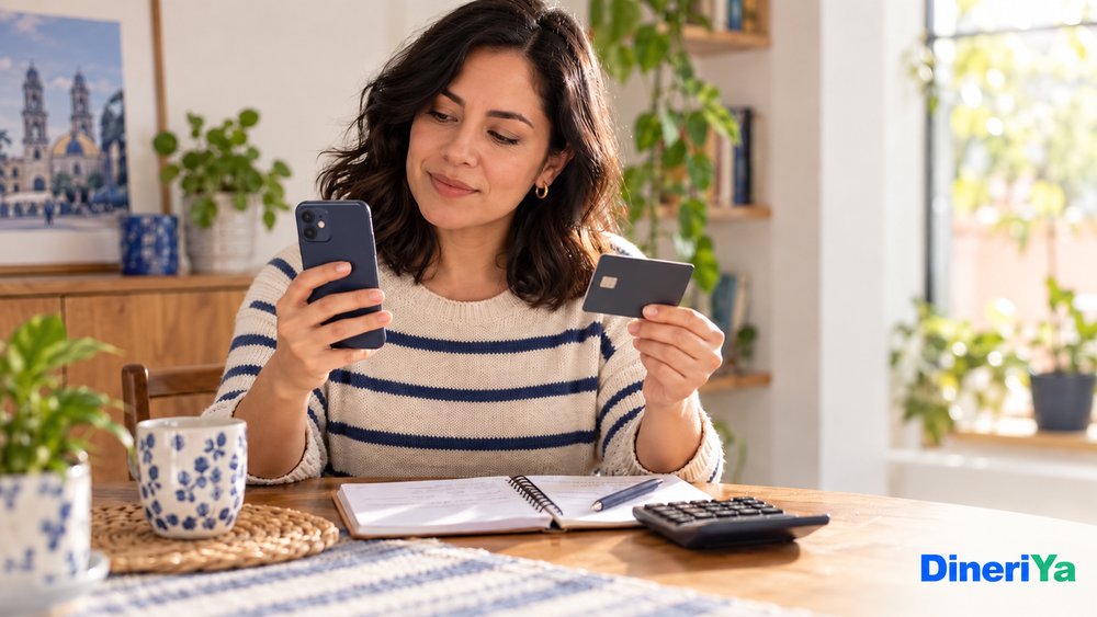 Mujer comparando un préstamo en línea y una tarjeta de crédito