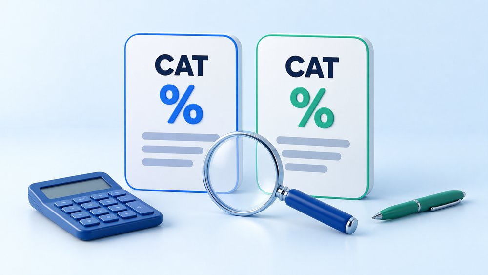 Ilustración de dos opciones de CAT con una lupa y una calculadora para comparar costos.