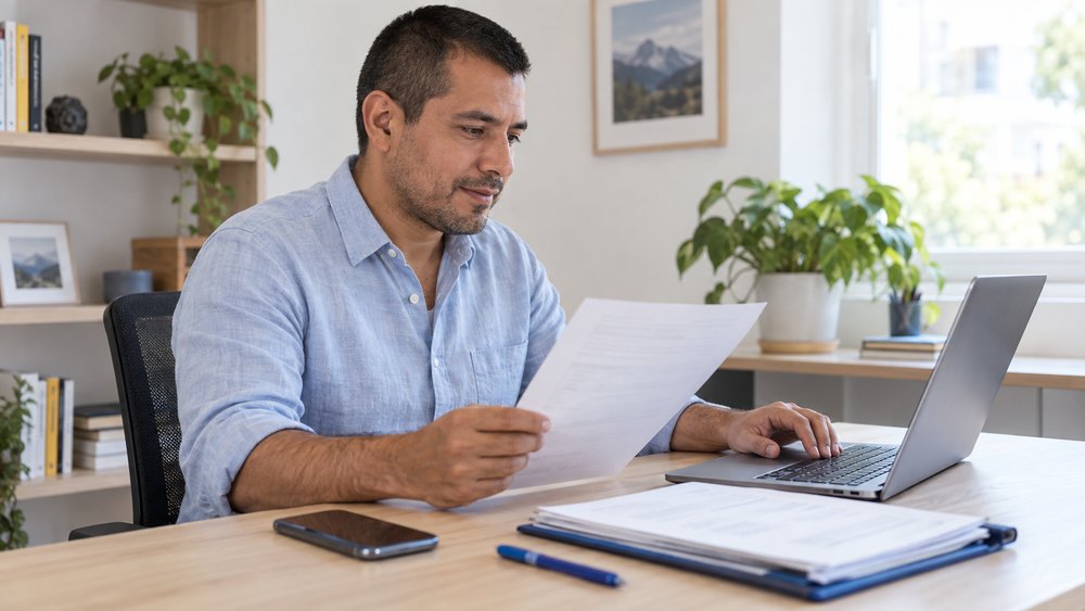 Hombre revisando documentos junto a una computadora antes de solicitar un préstamo personal.
