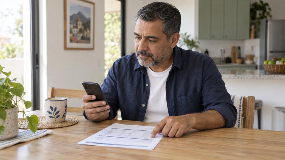 Hombre revisando los datos de su cuenta bancaria antes de solicitar un depósito SPEI