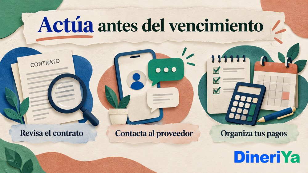 Revisar contrato, contactar proveedor y organizar pagos antes del vencimiento