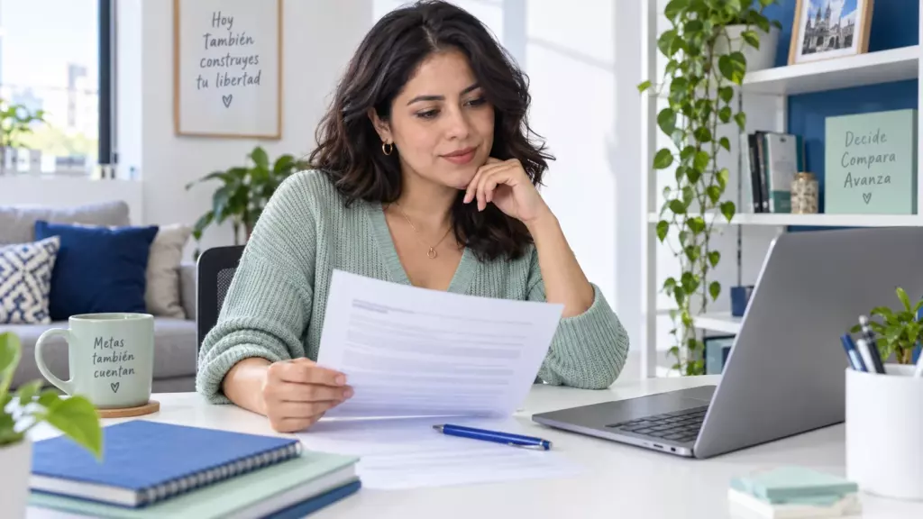 Mujer revisando las condiciones de un contrato de préstamo en casa