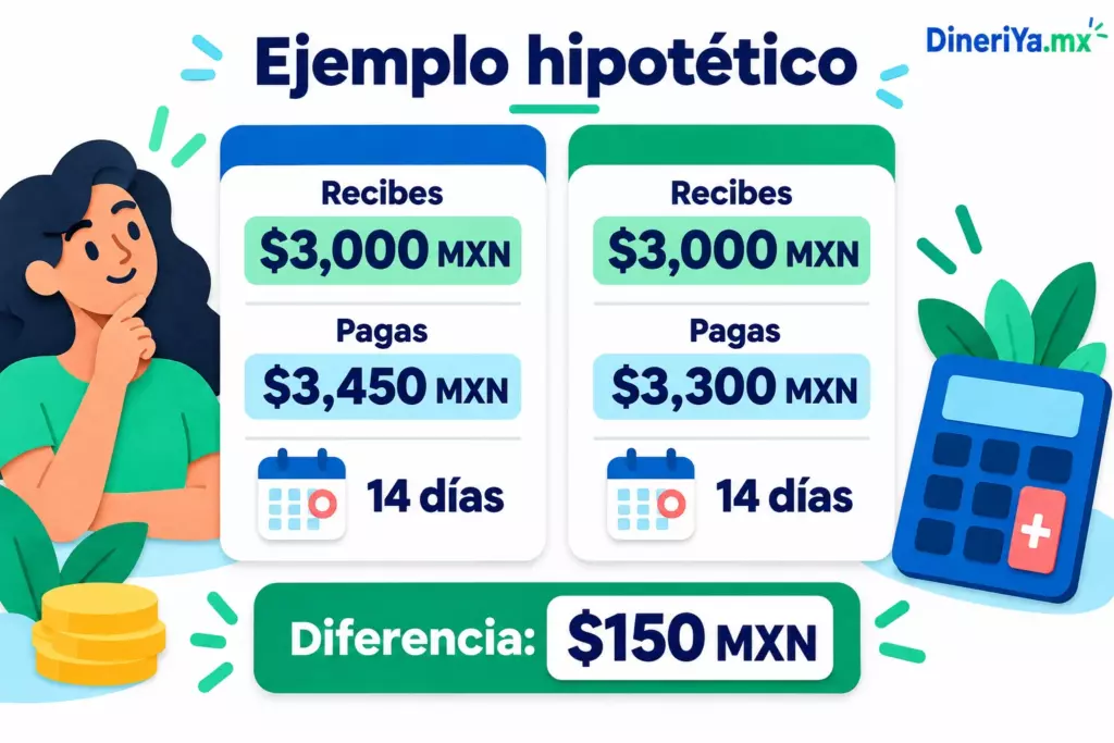 Ejemplo hipotético: recibir 3000 pesos y devolver 3450 o 3300 pesos a los 14 días
