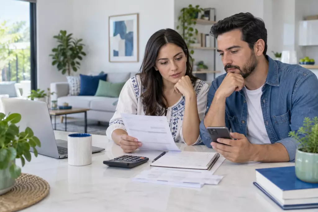 Pareja revisando el presupuesto para cubrir un gasto urgente